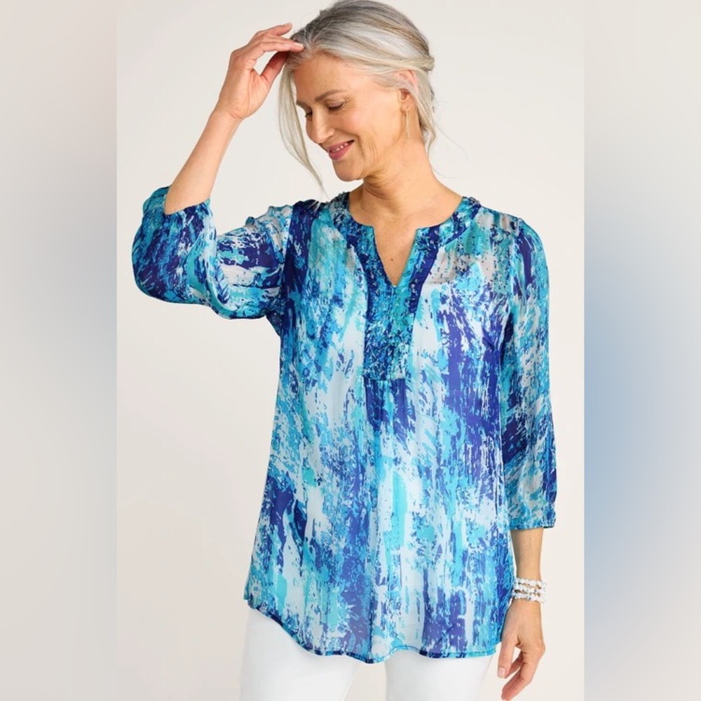 Large Soft Surroundings Blue Multi-Print Split Neck Sheer Beaded Flowy Tunic